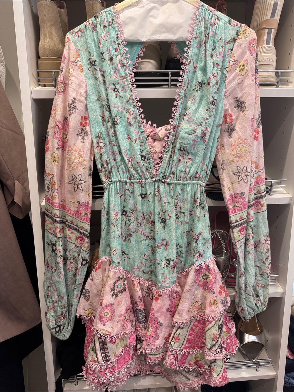 HEMANT & NANDITA Mint and Pink Floral Patchwork V-Neck Tiered Mini Dress